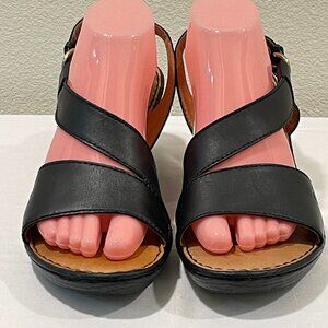 BORN "Sorine" Wedge Sandals Leather Black Women 11